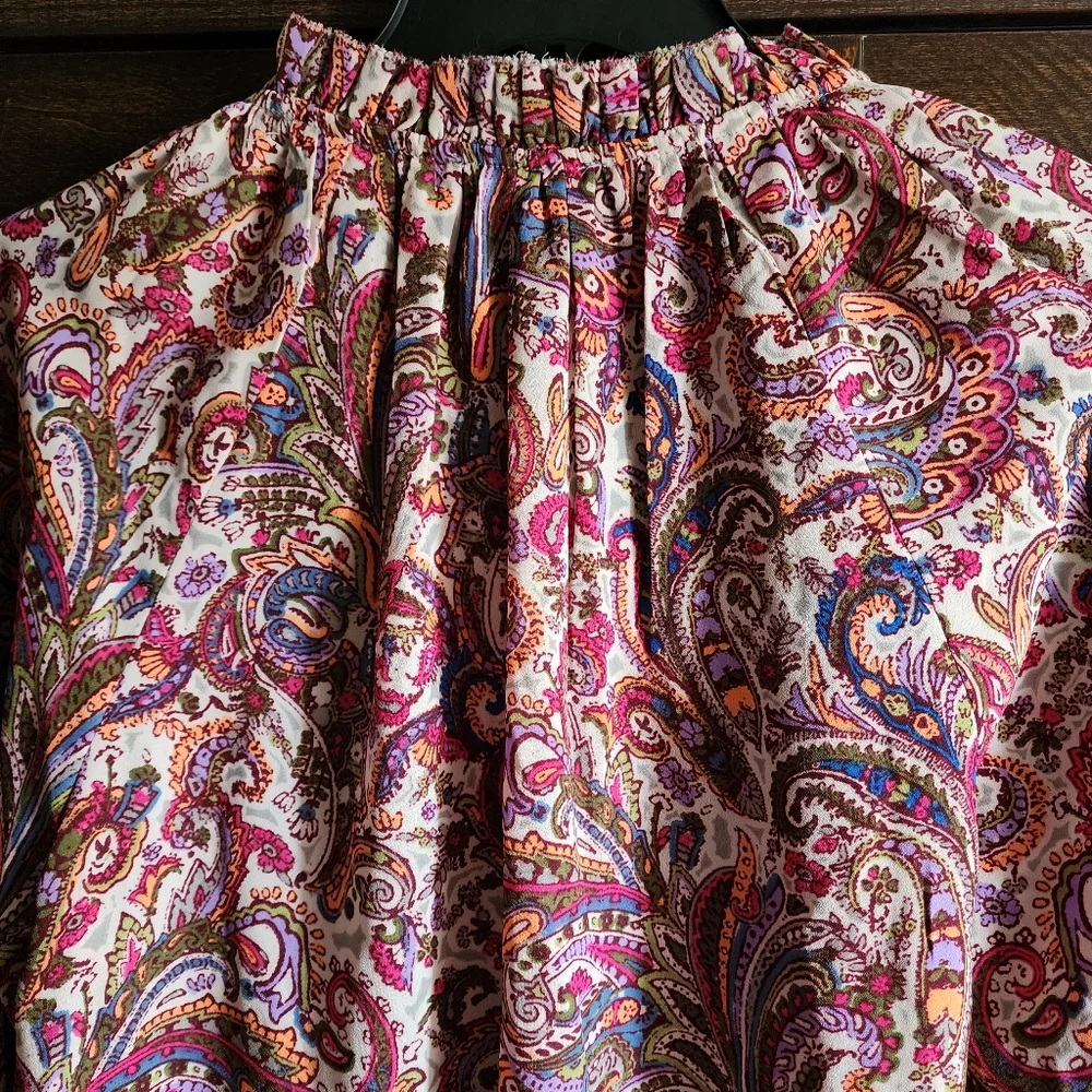 Democracy Woven Top Paisley Print 3/4 Blouson Sleeve Ruffle V-Neck Sage Burry S. - Picture 5 of 11